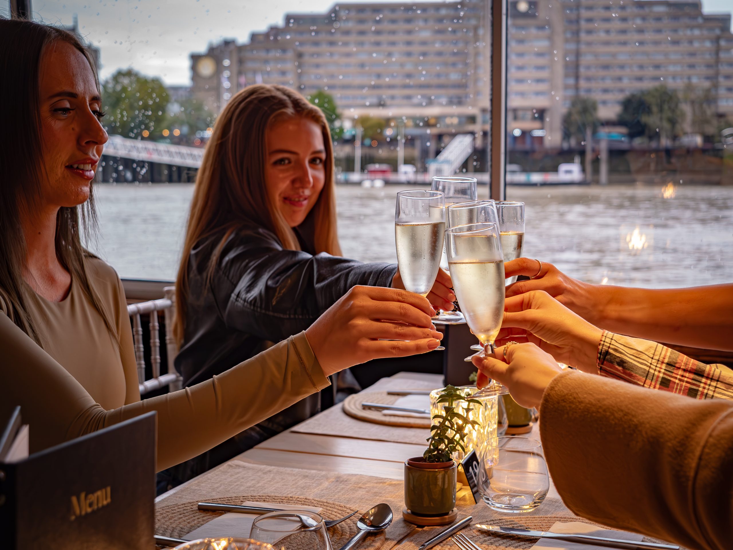 People clinking glasses at a table with a river view.