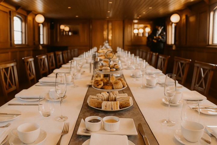 Long dining table with place settings and pastries on trays, located in a wooden room with warm lighting.