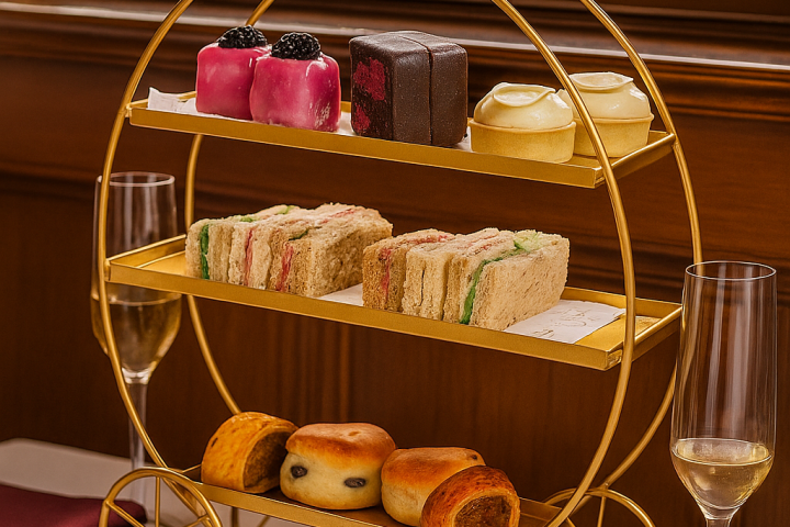 Three-tiered tray with pastries, sandwiches, and scones; champagne flutes on a table by a window.