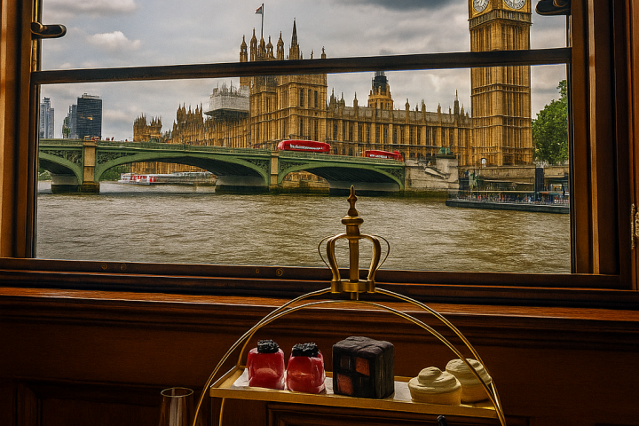 View of Big Ben and Thames through a window with afternoon tea setup in foreground.