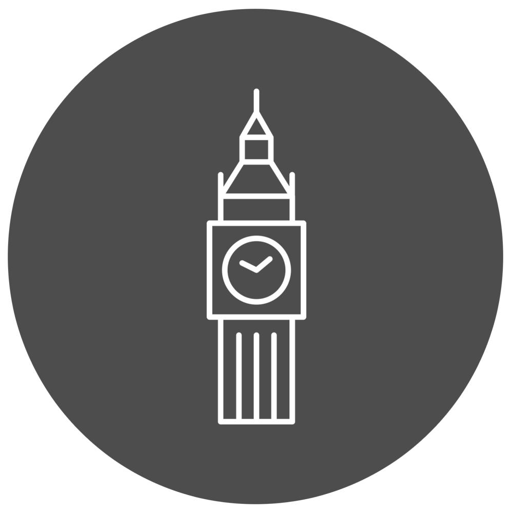 Outline of Big Ben tower inside a dark circle with white border.