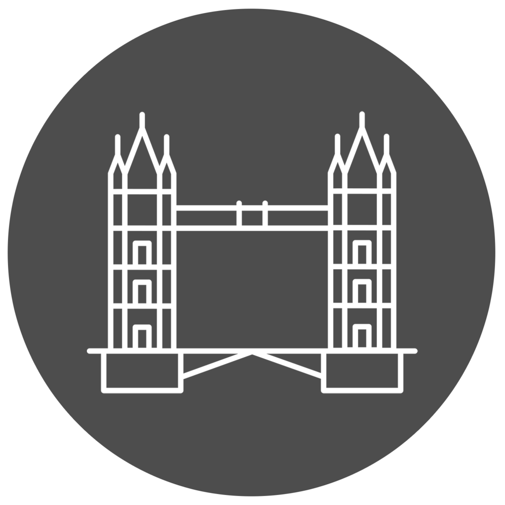 Outline drawing of a bridge with two towers in a dark gray circular background.