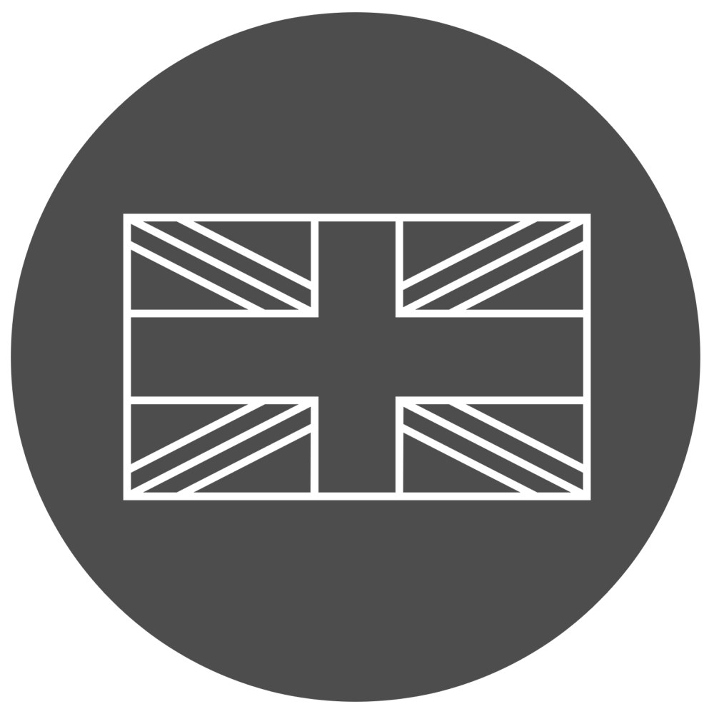 Outline of British flag on a dark gray circular background.