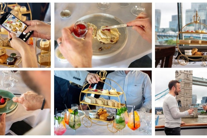 Collage: people dining on a boat with desserts, cityscape, and mixed drinks.